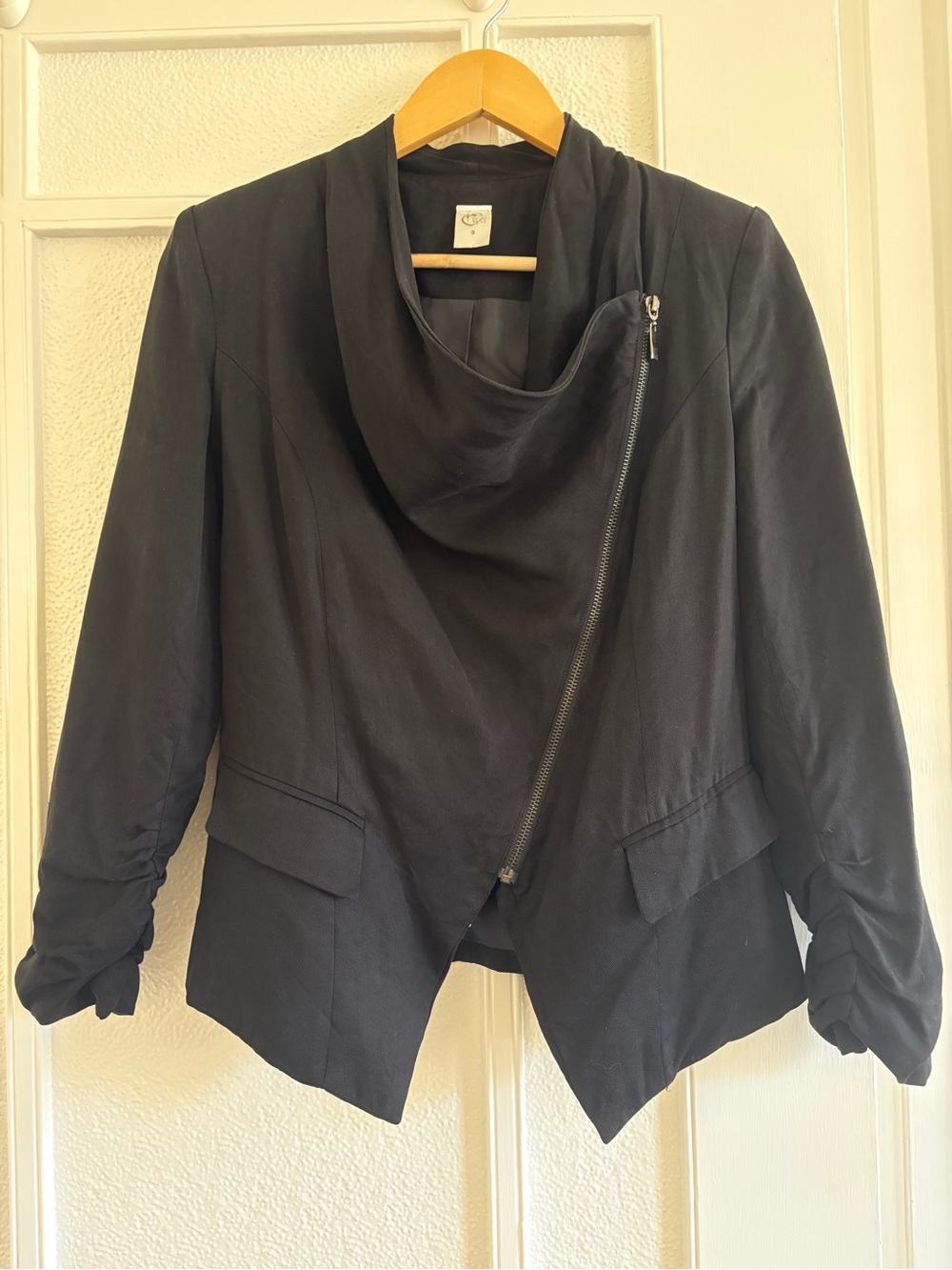 C. Luce Black Asymmetrical Zip Draped-Collar Blazer